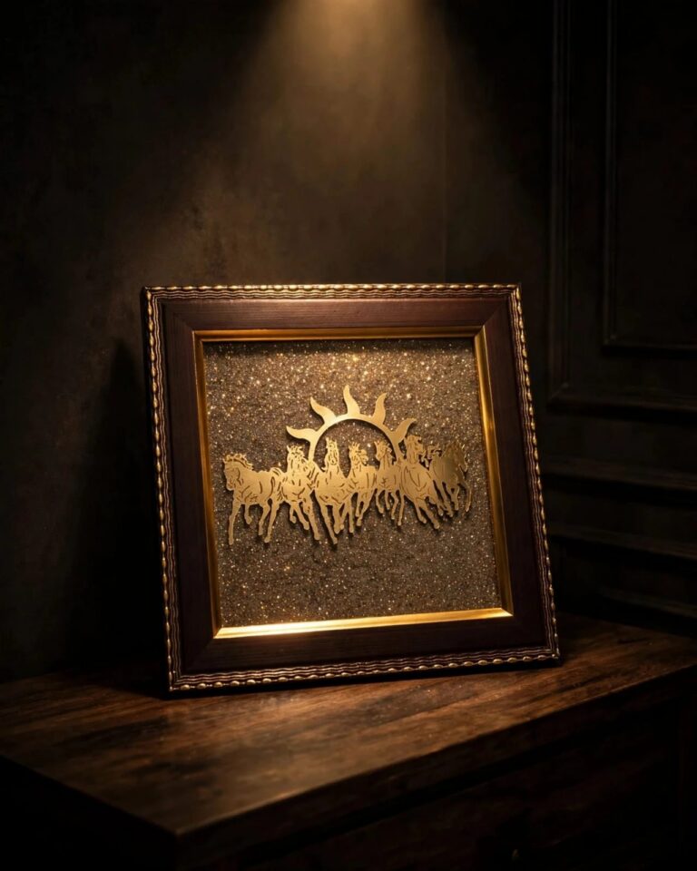 Seven golden running horses with rising sun on natural pyrite background in a wooden frame