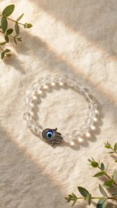 Natural Clear Quartz Sphatik bracelet with 8 mm beads and Hamsa evil eye charm