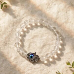 Natural Clear Quartz Sphatik bracelet with 8 mm beads and Hamsa evil eye charm