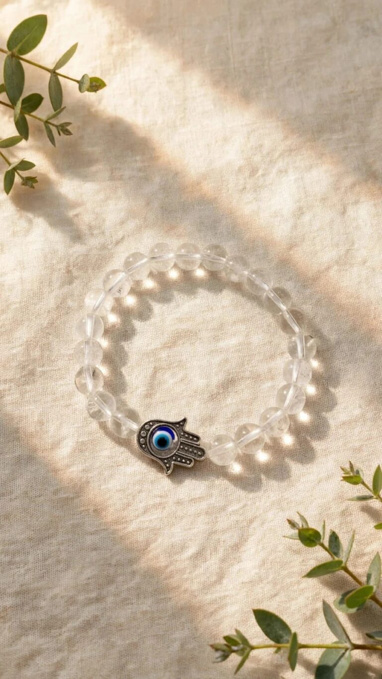 Natural Clear Quartz Sphatik bracelet with 8 mm beads and Hamsa evil eye charm