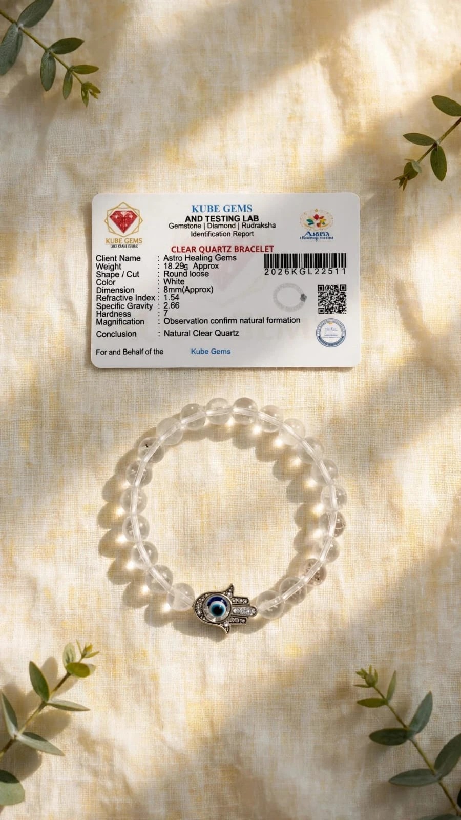 Clear Quartz bracelet with Kube Gems lab identification certificate