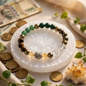 Natural Dhan Yog bracelet with pyrite, citrine, tiger eye, green aventurine, green jade and clear quartz beads and Buddha bead