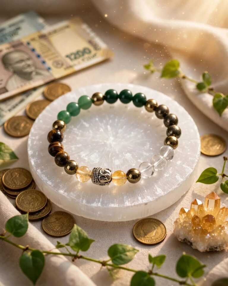 Natural Dhan Yog bracelet with pyrite, citrine, tiger eye, green aventurine, green jade and clear quartz beads and Buddha bead