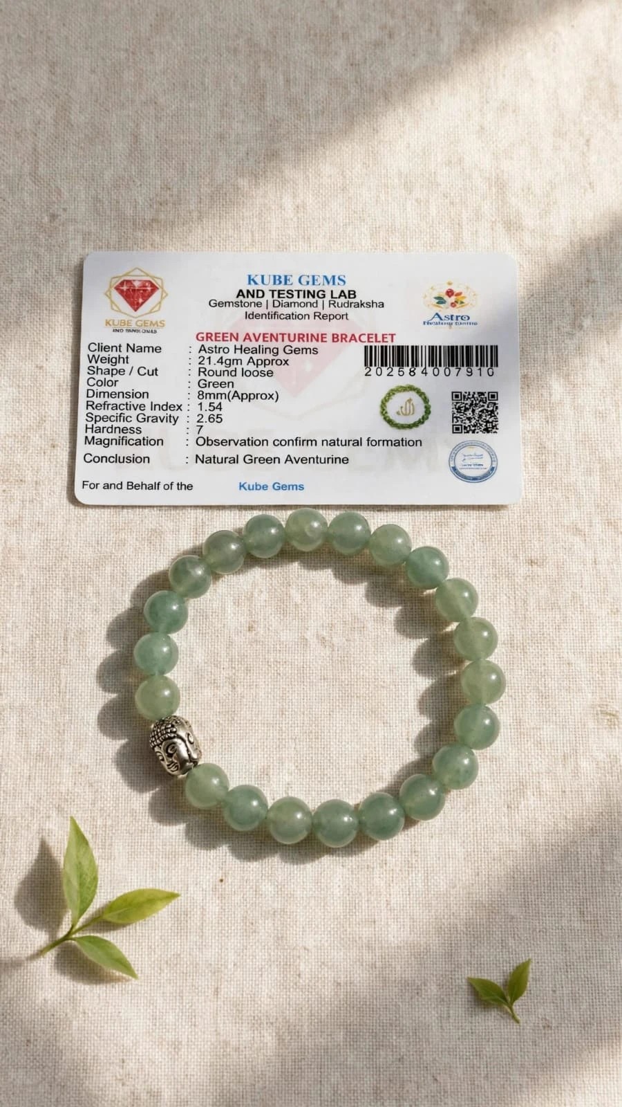 Green Aventurine bracelet with Kube Gems lab identification certificate