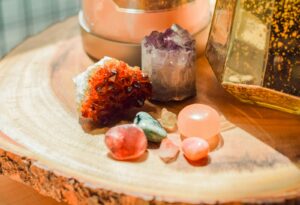 Healing crystals on a wooden altar