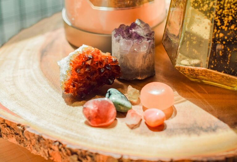 Healing crystals on a wooden altar