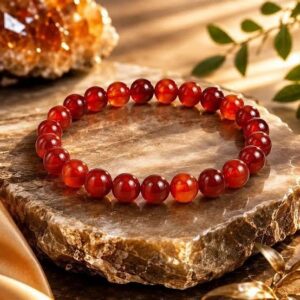 Natural Carnelian bracelet with polished orange-red beads on a stone slab