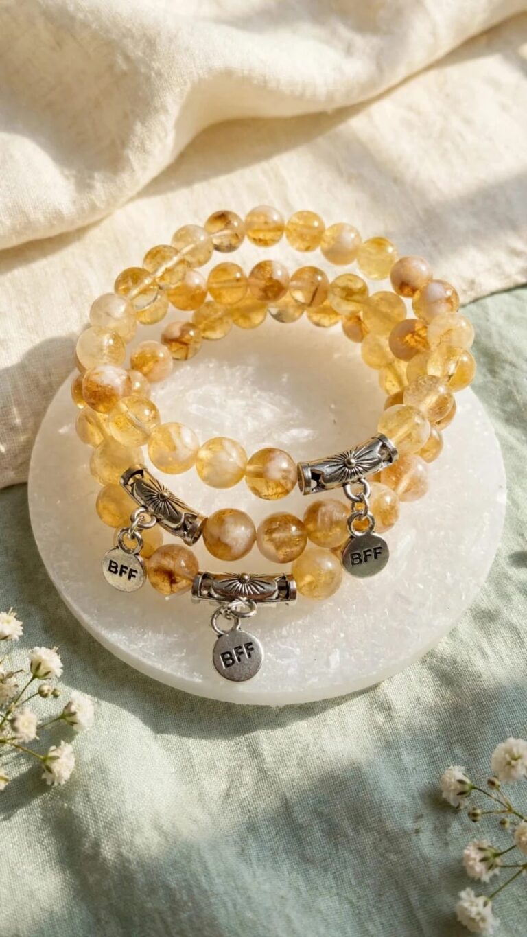 Golden crystal bracelets with BFF charms on a selenite plate