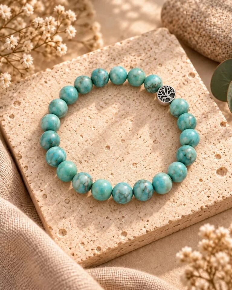 Natural Turquoise bracelet with tree of life charm on a stone tile