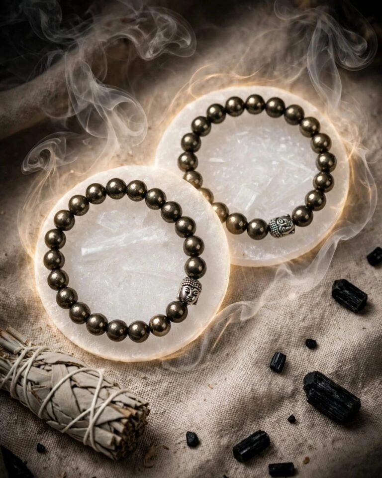 Two natural Pyrite bracelets with 8 mm beads and Buddha bead on selenite plates with sage and black tourmaline