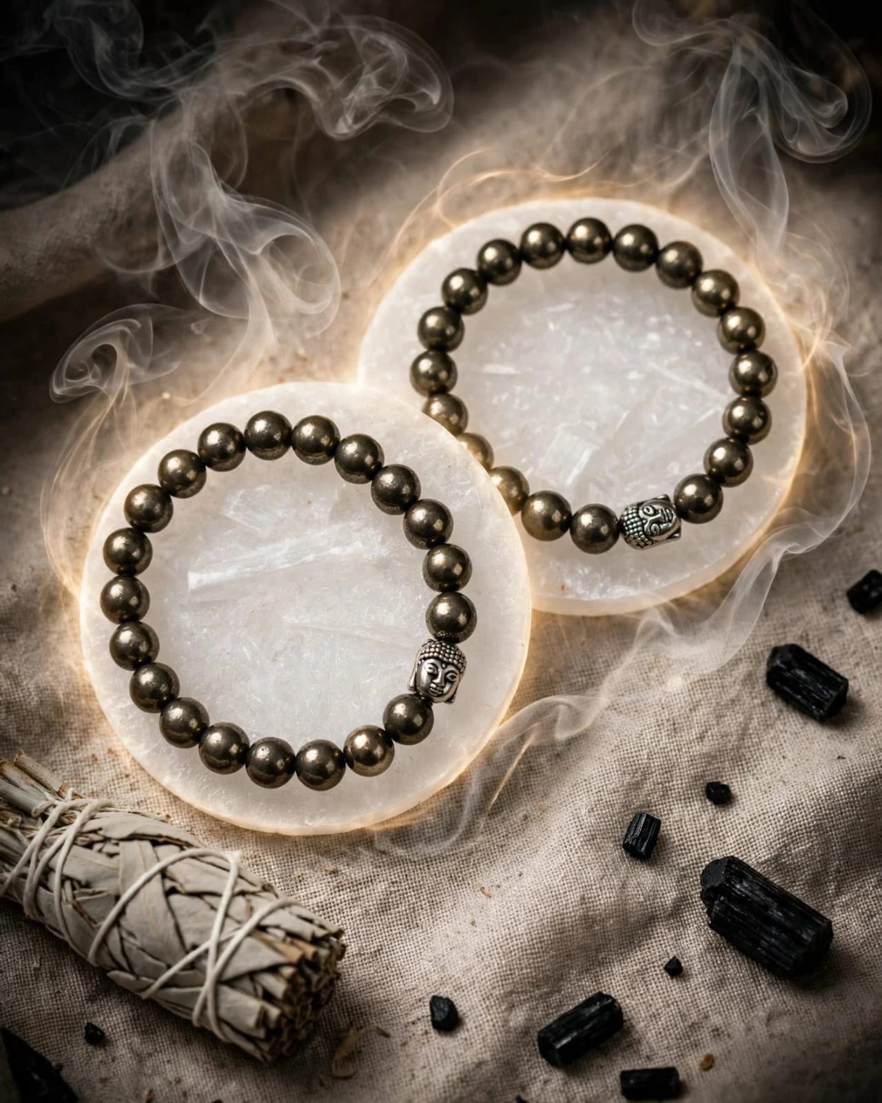 Two natural Pyrite bracelets with 8 mm beads and Buddha bead on selenite plates with sage and black tourmaline