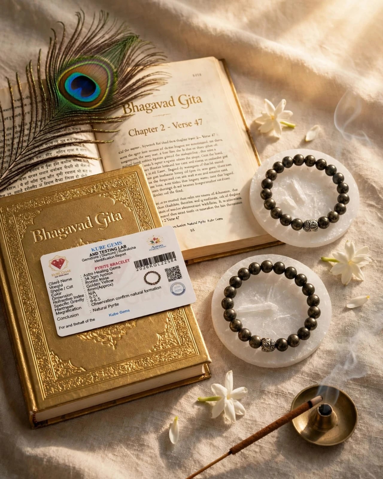 Natural Pyrite bracelets with Kube Gems lab certificate on a Bhagavad Gita