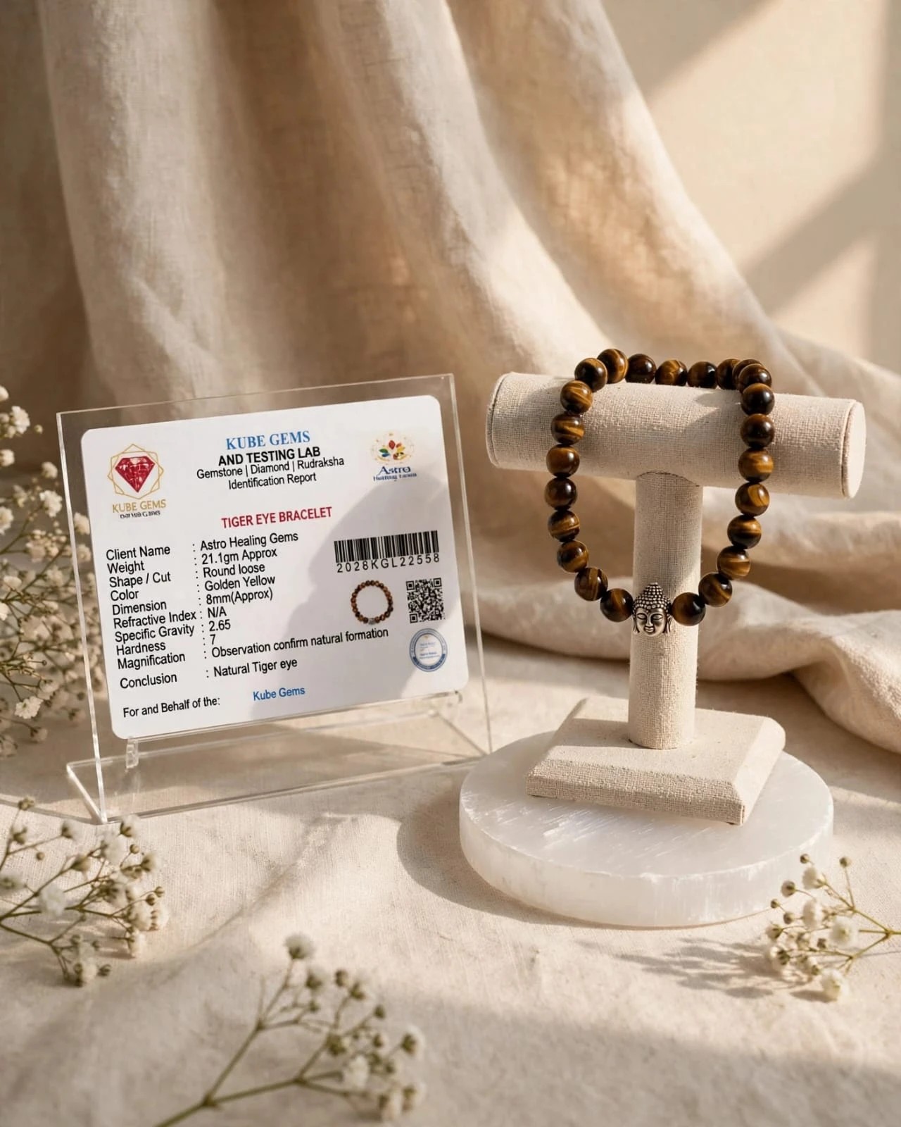 Buddha bead bracelet on a stand with Kube Gems lab card