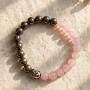 Rose Quartz and natural Pyrite bracelet with 8 mm beads and silver Buddha bead