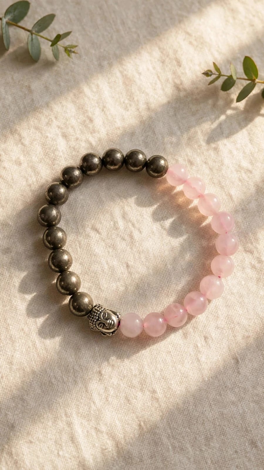 Rose Quartz and natural Pyrite bracelet with 8 mm beads and silver Buddha bead