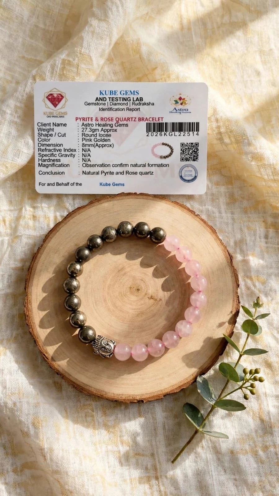 Rose Quartz and Pyrite bracelet with Kube Gems lab identification certificate