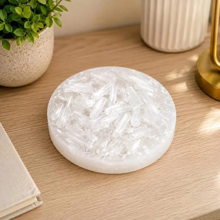 Natural Selenite charging plate with clear crystal pieces on a wooden desk