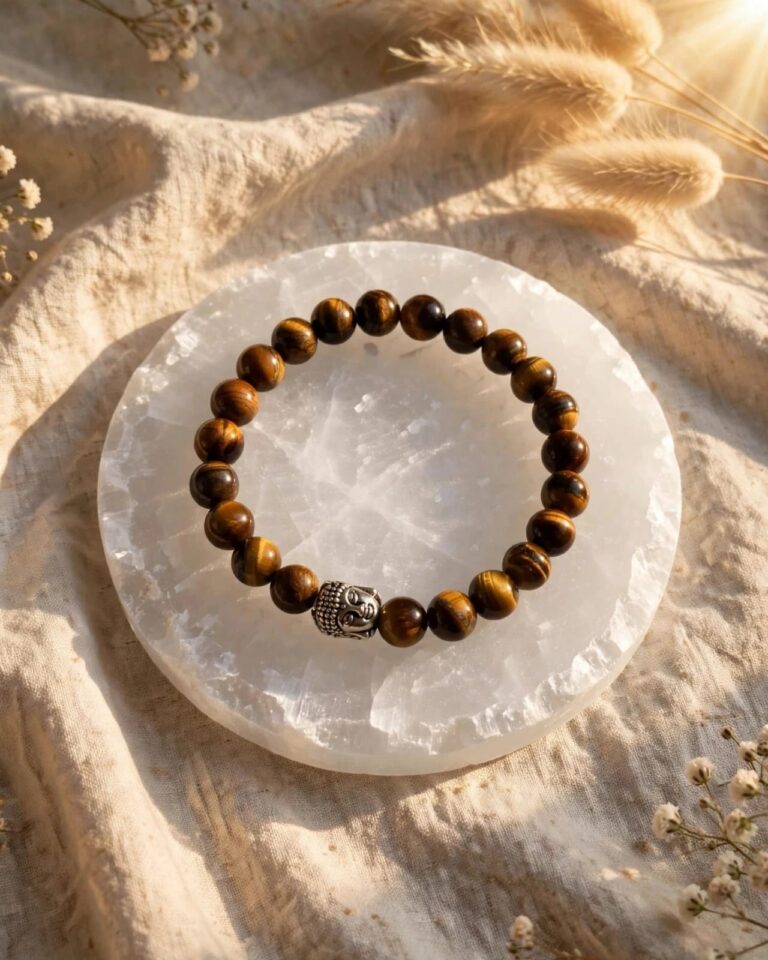Natural Tiger's Eye bracelet with 8 mm golden brown beads and silver Buddha bead on a selenite plate